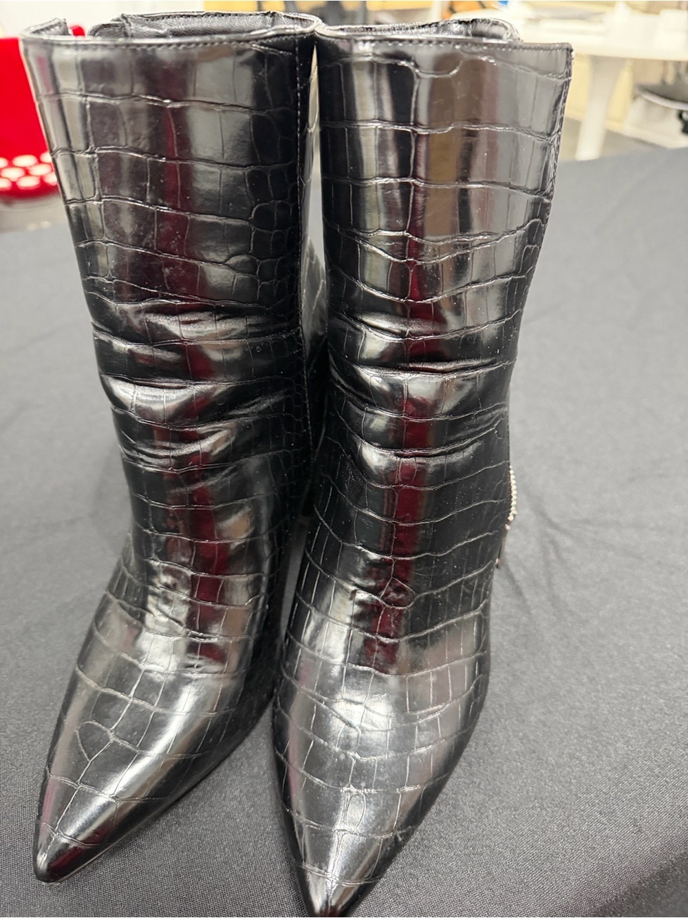 Women's Black Croc-Embossed Pointed Ankle Booties